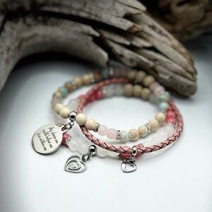 Chic Pink, Blue, and Leather Bracelet Set with Stainless Steel charms